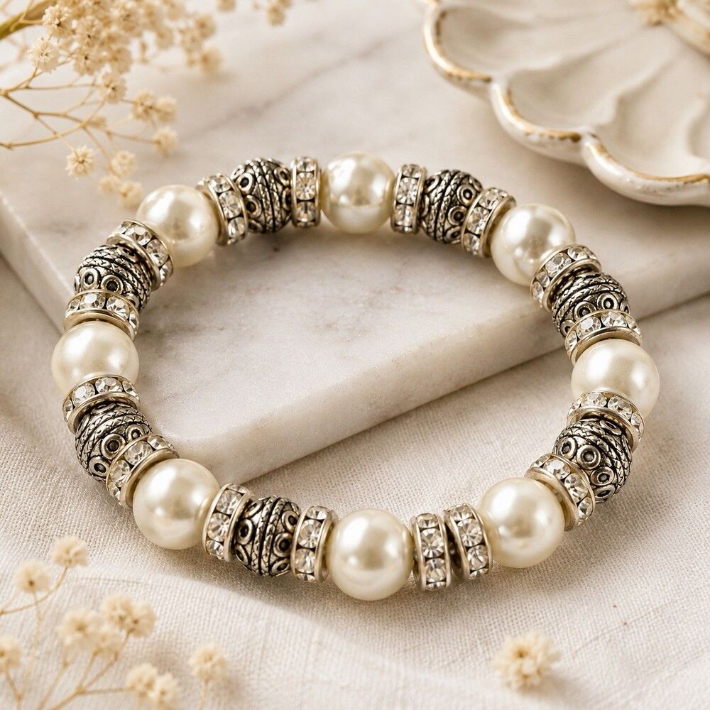 Vintage Faux Pearl Rhinestone Stretch Bracelet Silver Bali Bead Boho Chic